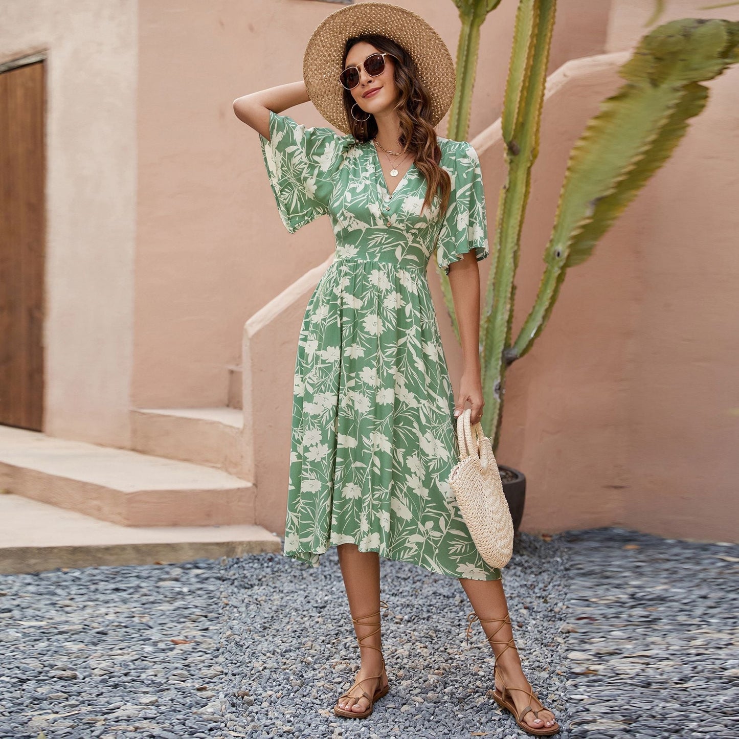 Printed V neck Short Sleeve Waist Controlled Dress Bohemian Holiday Party Beach Dress