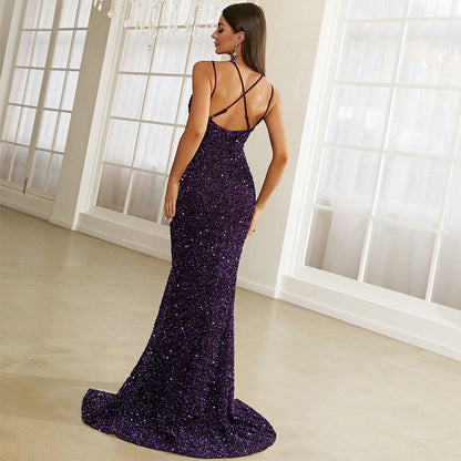 Elegant Party Sequined Suspender Cocktail Sheath Small Trailing Evening Dress