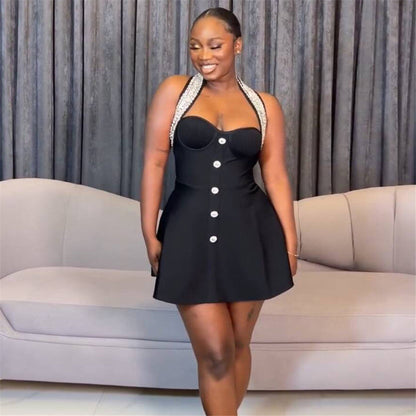 Diamond Button Halter Bandage One Piece Dress Ladies Party Cocktail Dress A Line Dress