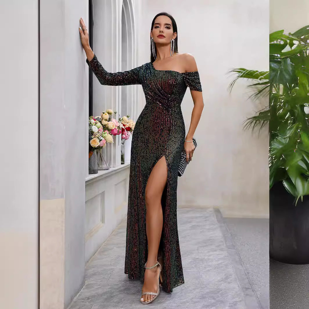 Popular Sequined Dress High Slit Oblique Collar Elegant Evening Dress