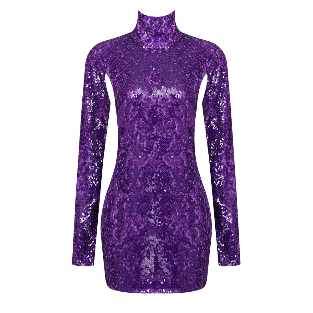 Purple Sequin round Neck Backless Dress Long Sleeve Year Dress Present