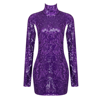 Purple Sequin round Neck Backless Dress Long Sleeve Year Dress Present