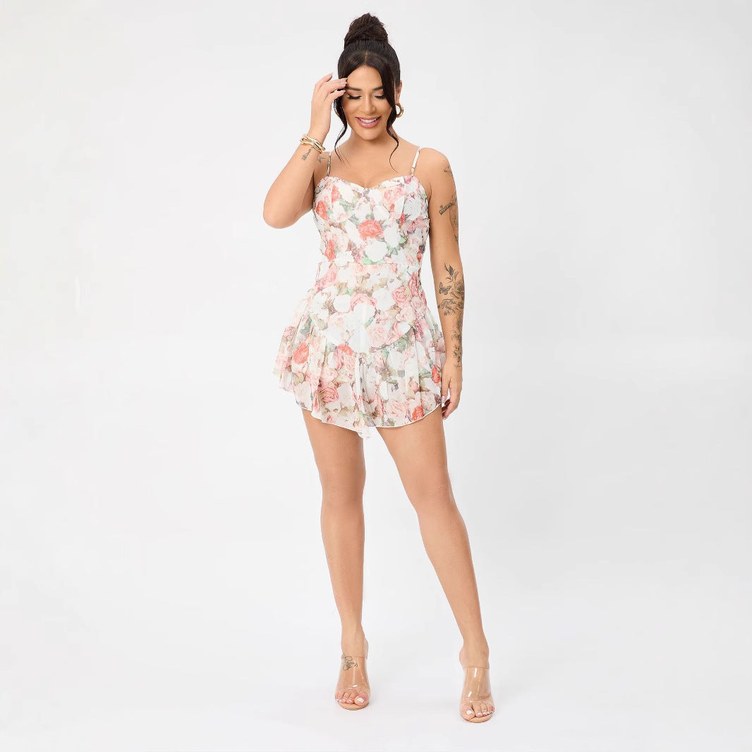Floral Adjustable Shoulder Strap Ruffled Hem Mini Dress