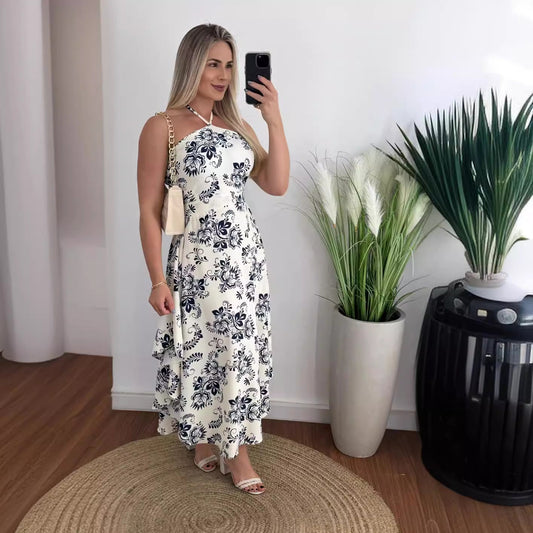 Southeast Asia Vacation Personalized Digital Printing Halter Tube Top Thin Strap Dress