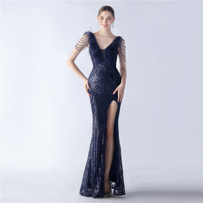 Heavy Industry Ostrich Feather plus Beaded Long Sequined Evening Dress