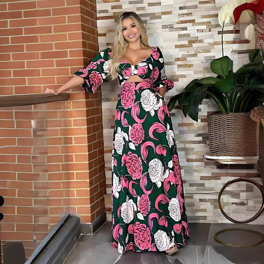 Square Collar Bow Hollow Out Cutout Design Bubble Long Sleeve Maxi Dress