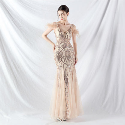 Color Craft Order Ostrich Feather Mesh Sequin Sling Dress Evening Dress