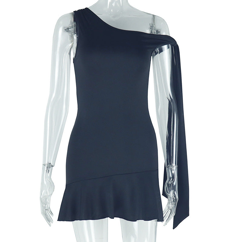 Solid Color Dress Diagonal Collar off Shoulder Sleeveless Irregular Asymmetric Dress