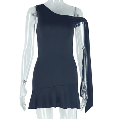 Solid Color Dress Diagonal Collar off Shoulder Sleeveless Irregular Asymmetric Dress