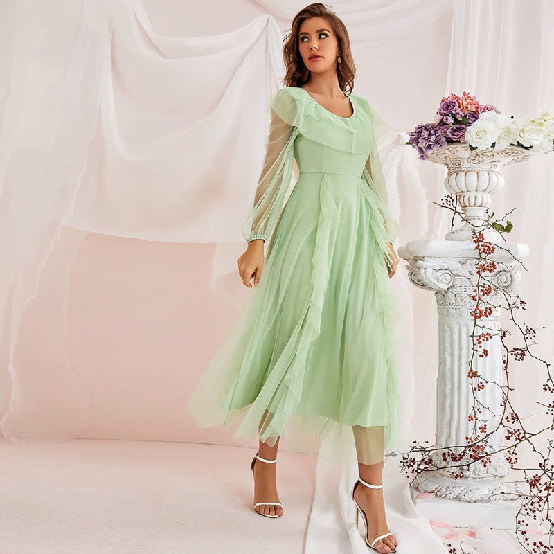 Lace Mesh Maxi Dress round Neck High Waist Voile A line Dress