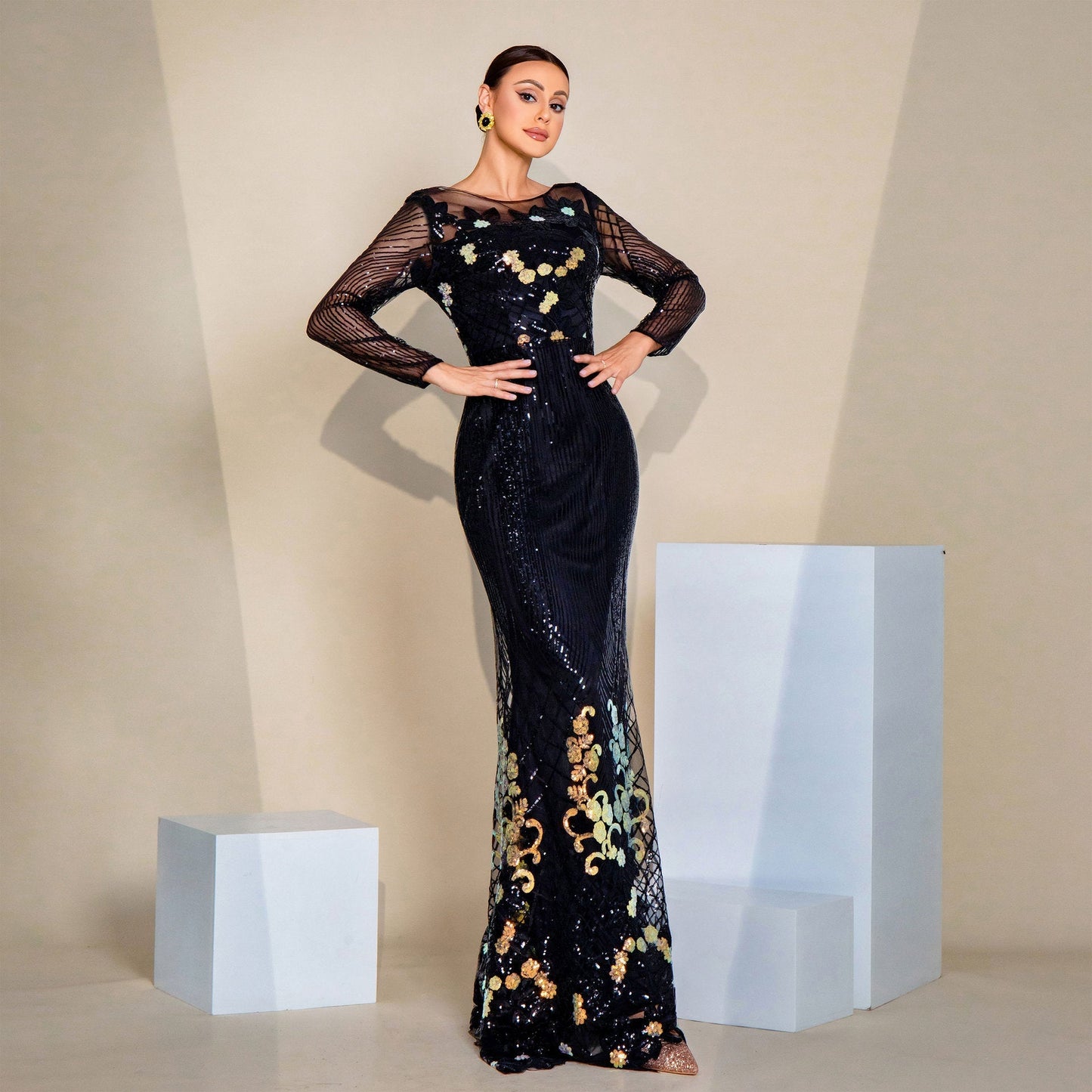 Long Sequined Long Sleeve round Neck Cocktail Evening Dress Bridesmaid