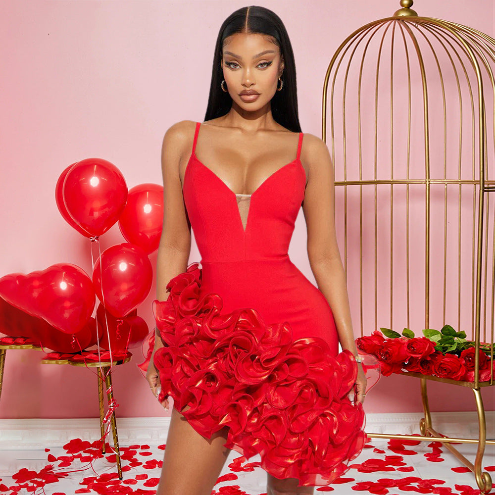 Sling Solid Color Flounce Irregular Asymmetric Dress