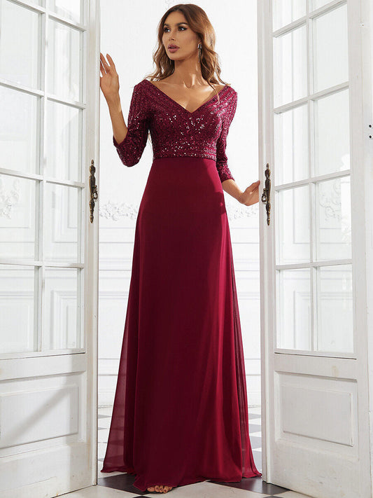 Middle East Chiffon Double V neck Dress A line Large Hem Sequin Stitching Evening Dress