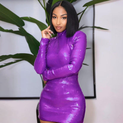 Purple Sequin round Neck Backless Dress Long Sleeve Year Dress Present