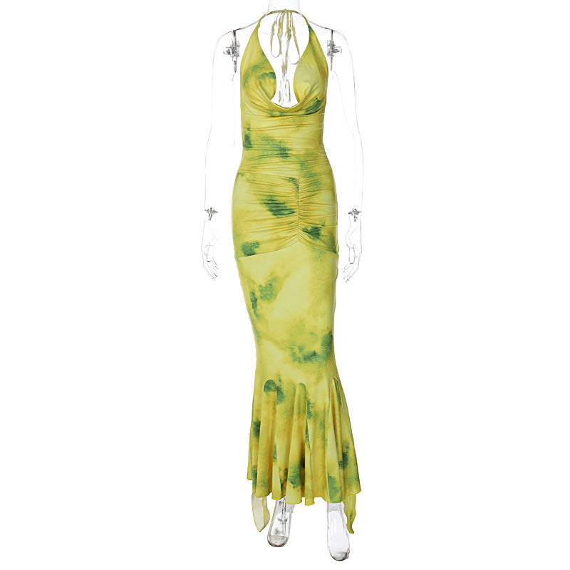 Elegant Slightly Mature Halter Deep V Plunge Printed Long Lotus Leaf Dress