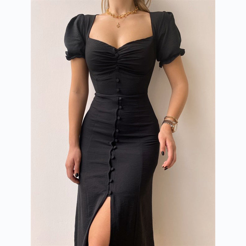 V-neck Single-Breasted Elegant Midi Dress