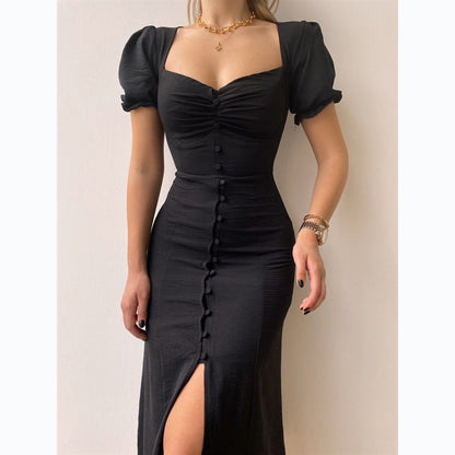 V-neck Single-Breasted Elegant Midi Dress