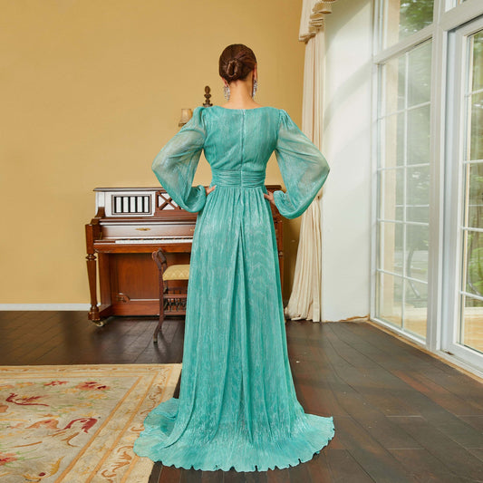 Long Sleeve Elegant V Neck Long Bohemian Large Swing Evening Dress Bridesmaid Dress