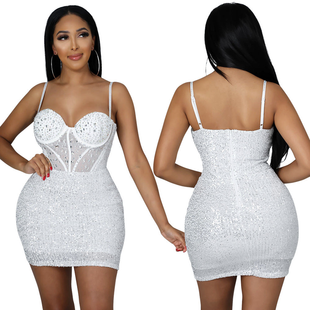 Hip Diamond Embedded Rhinestone Nightclub Party Sequin Cami Dress
