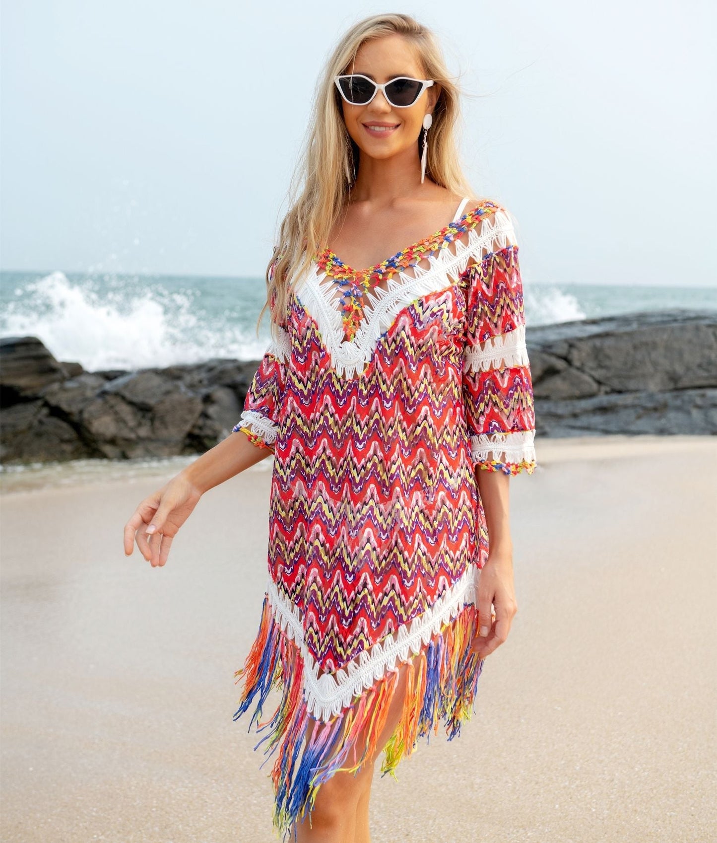 HCrocheting Wool Yarn Vacation Lace Beach Tassel Swimsuit Smock Dress