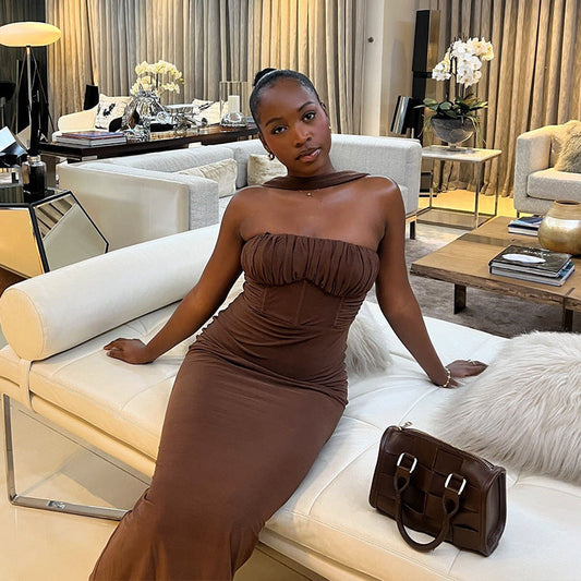 Solid Color Dress Tube Top Halter Cold Shoulder Sleeveless Maxi Dress