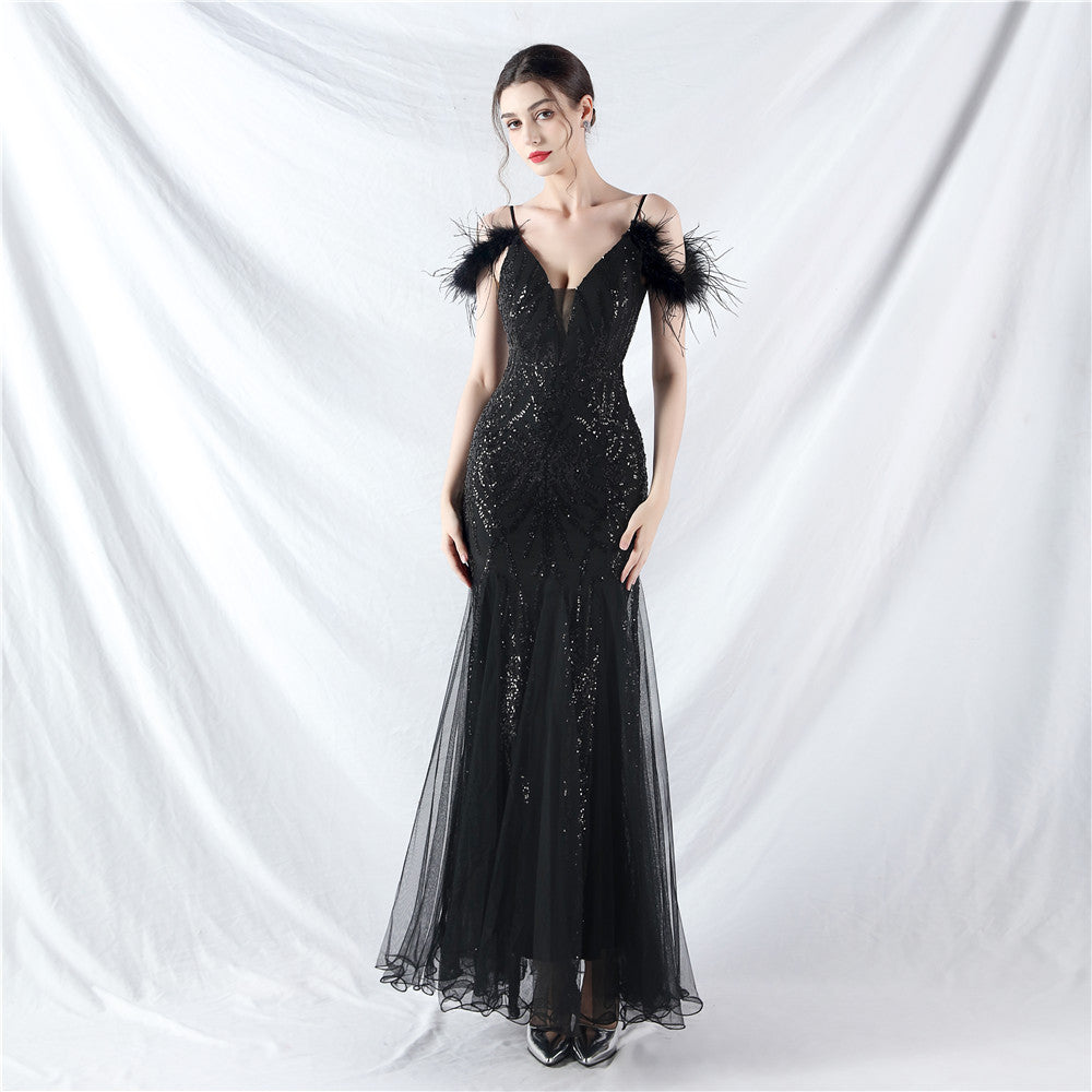 Color Craft Order Ostrich Feather Mesh Sequin Sling Dress Evening Dress