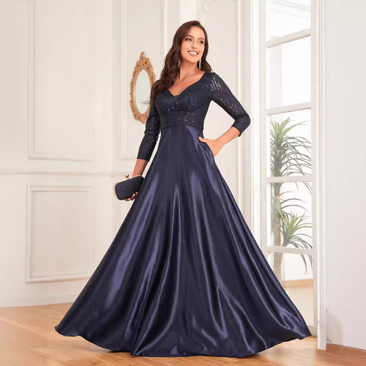 Blue Color Sequin V neck Long Sleeve Dress Satin Dress Slim Fit A line Dress Bridesmaid Cocktail Evening Dress