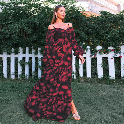 Bohemian Holiday Vintage Printed Stitching Waist Floral Long Sleeve Dress Long Dress