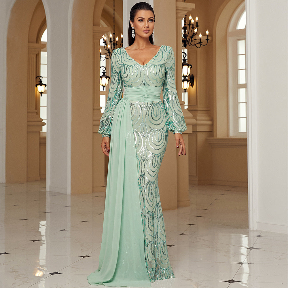 Long Sleeve Long Sequined V neck Cocktail Ribbon Evening Dress Bridesmaid