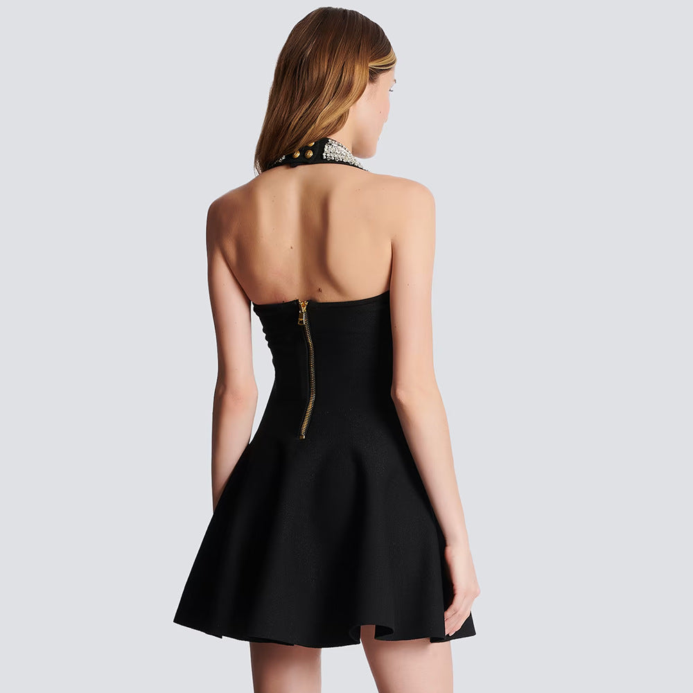 Black Sleeveless Heavy Industry Beads A line Dress Bandage Dress Slim Dress