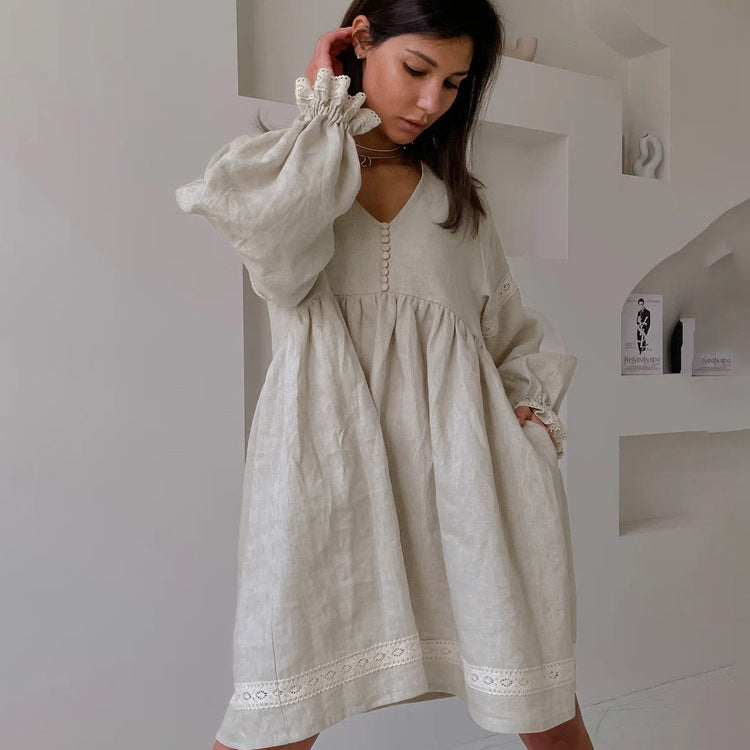Cotton Linen French Dress Office V neck Lantern Sleeve Loose Dress