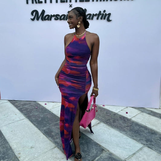 Personalized Printed Pleated Tight Backless Halter Split Dress