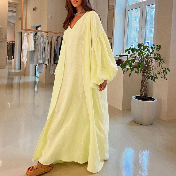 Casual Vest Dress Puff Sleeve Solid Color Robe Suit Two Piece Set