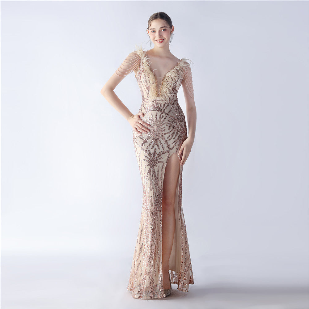 Heavy Industry Ostrich Feather plus Beaded Long Sequined Evening Dress