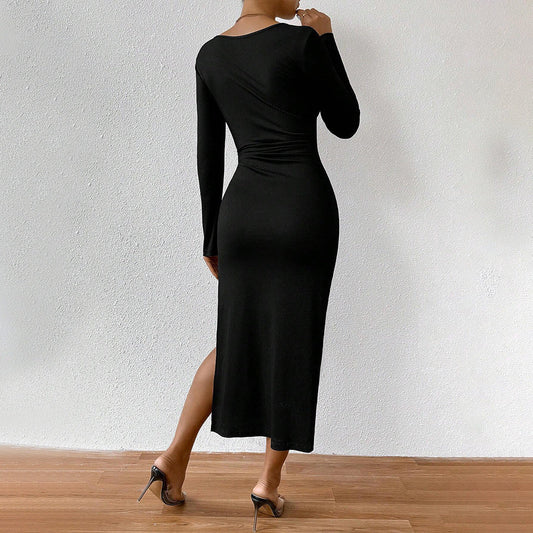 French Elegant Socialite Dress  Square Collar Slit Slim Midi Dress