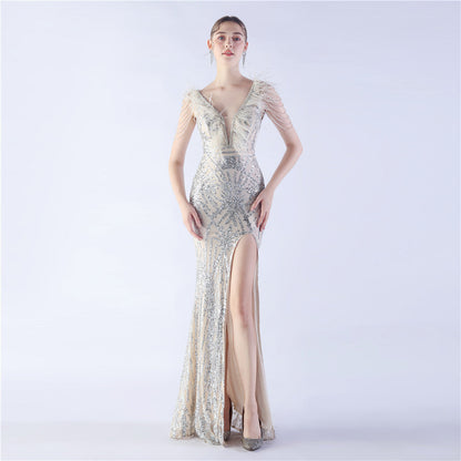 Heavy Industry Ostrich Feather plus Beaded Long Sequined Evening Dress