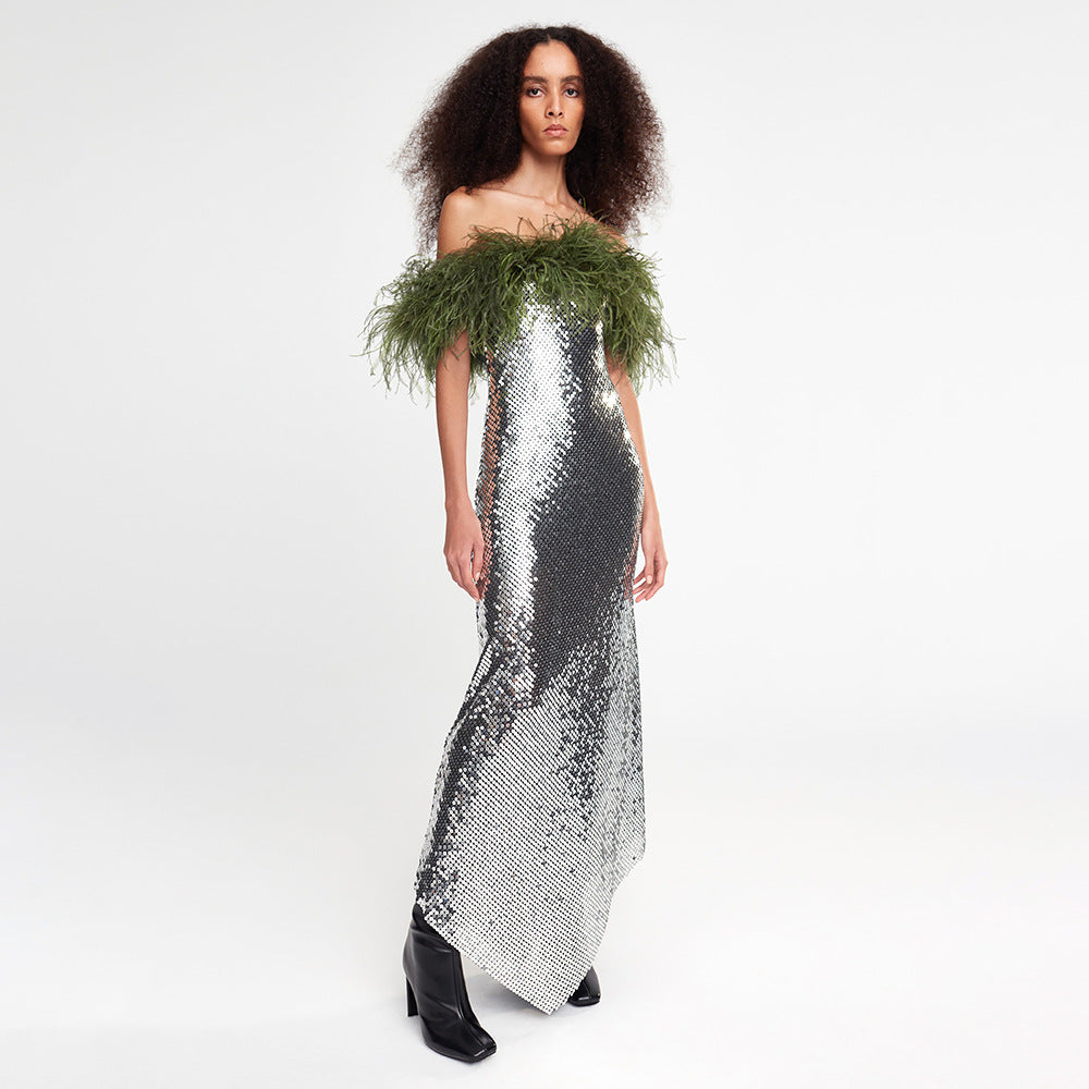 Silver off Shoulder Fur Collar Twill Sequin Dress French Dress Green Feather