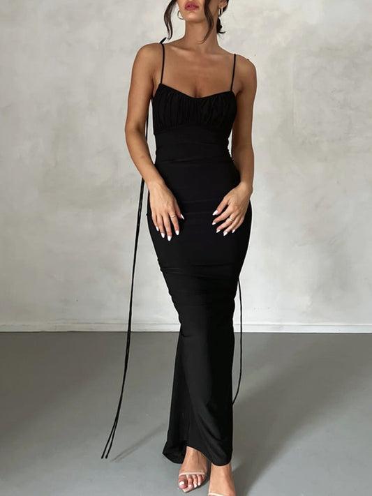 Backless Ruched Evening Dress - Black