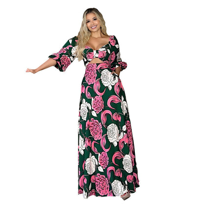 Square Collar Bow Hollow Out Cutout Design Bubble Long Sleeve Maxi Dress