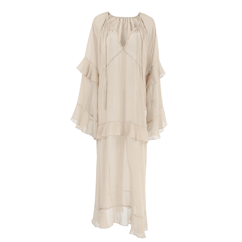 Khaki  Batwing Sleeve Dress Sun Protective Blouse Maxi Dress for