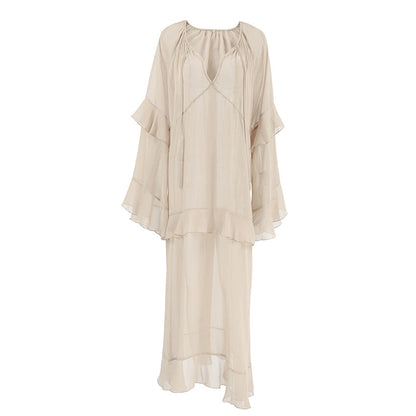 Khaki  Batwing Sleeve Dress Sun Protective Blouse Maxi Dress for