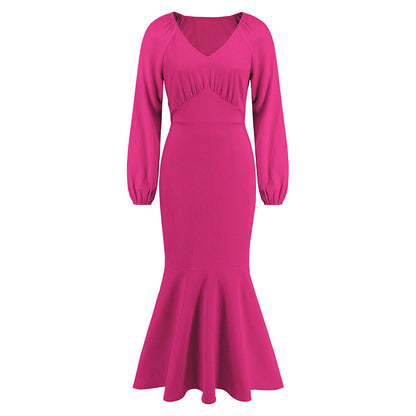 V Neck Long Sleeved Fishtail Dress Waist Slimming Slim Maxi Dress