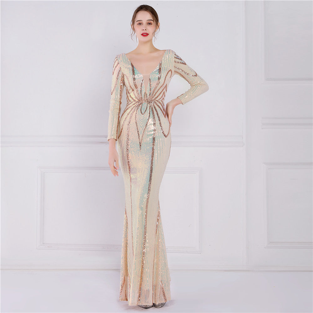 Positioning Floral Sequin Evening Banquet Elegant Long Sleeve Sequined Queen Fishtail Dress
