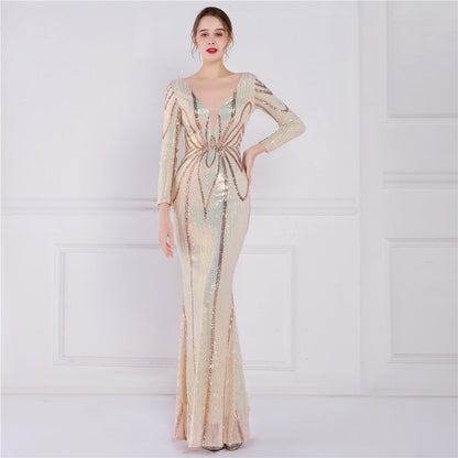 Positioning Floral Sequin Evening Banquet Elegant Long Sleeve Sequined Queen Fishtail Dress