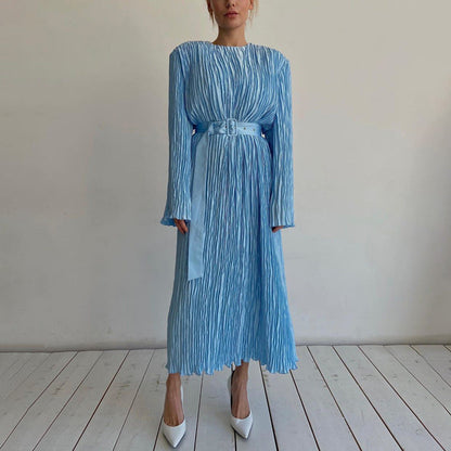 Long Sleeved Belt Pleated Dress Office High Sense Loose Maxi Dress