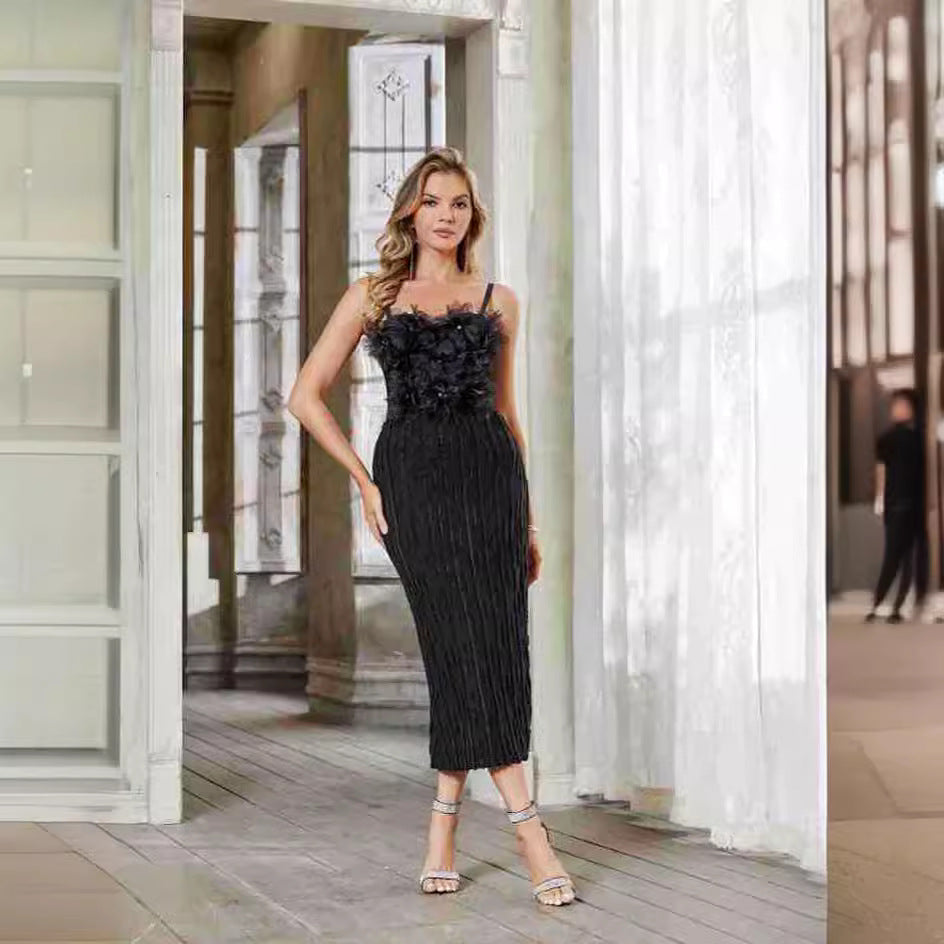 Rhinestone Black Veil Three Dimensional Floral Boning Corset Dress High Waist Back Slit Knitted Sling Hip