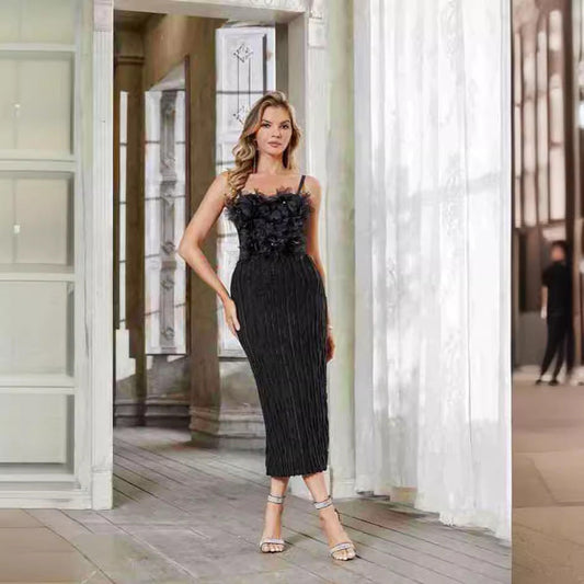 Rhinestone Black Veil Three Dimensional Floral Boning Corset Dress High Waist Back Slit Knitted Sling Hip