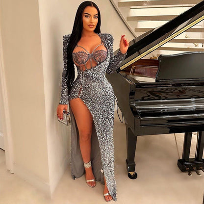 Solid Color Sequ Slit Maxi Dress Including Jumpsuit Two Piece Set Dress