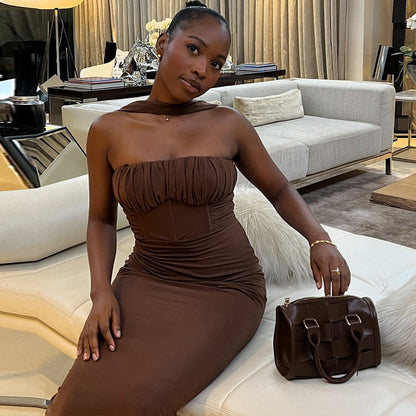 Solid Color Dress Tube Top Halter Cold Shoulder Sleeveless Maxi Dress