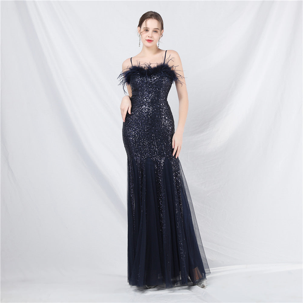 Craft Order Ostrich Feather Mesh Sequined Long Evening Dress